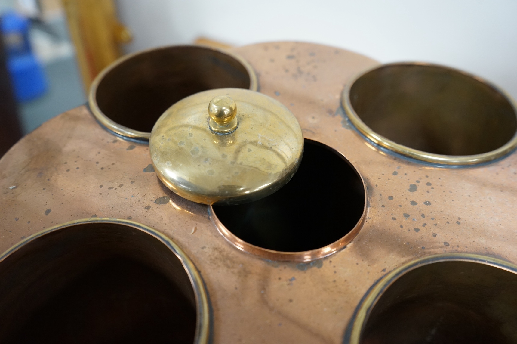 A copper samovar and bottle stand. Condition - fair to good